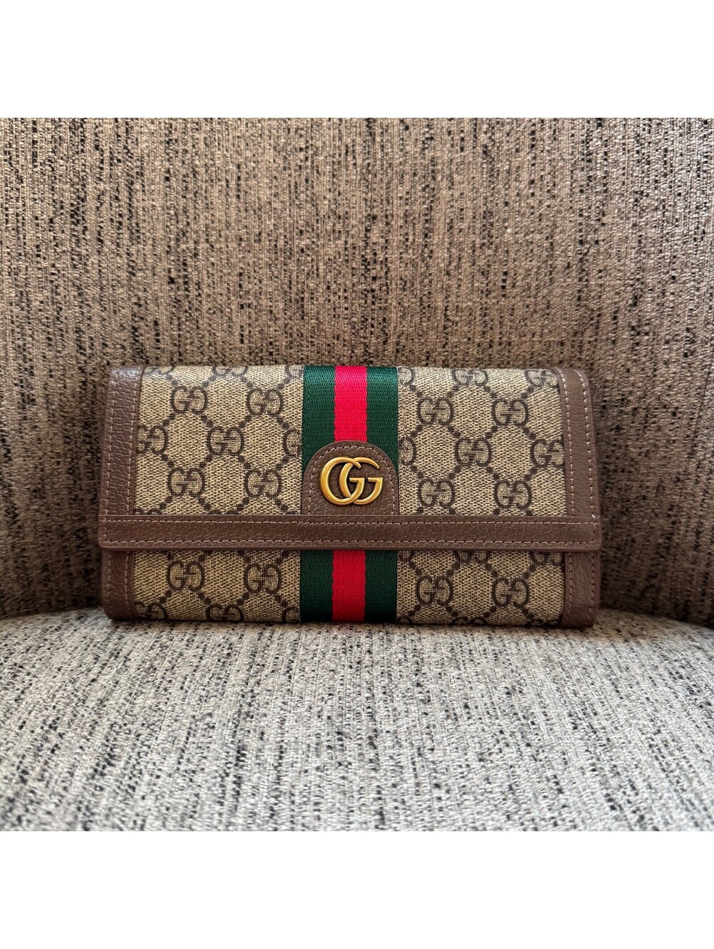 Gucci Ophildia GG Supreme Continental Canvas Long Wallet Web Stripe Brown Tan